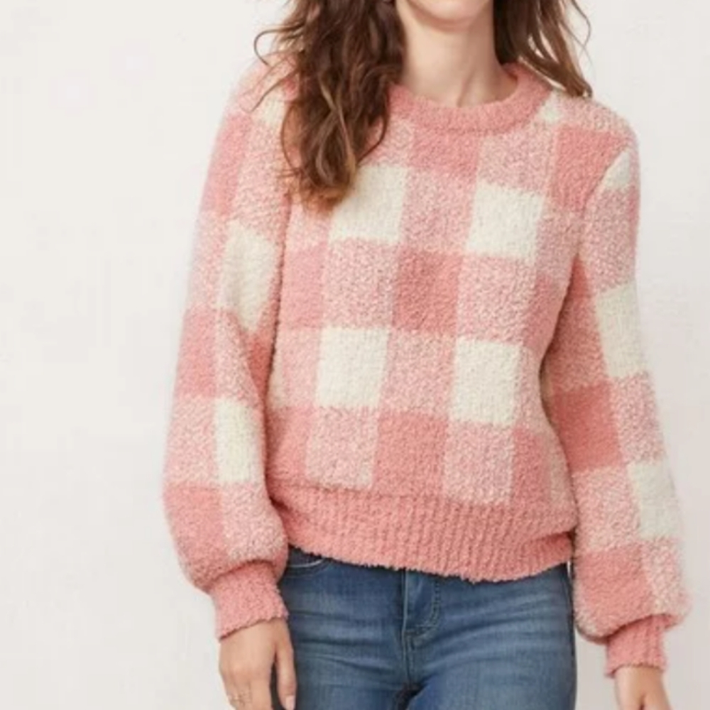 Lauren Conrad EUC buffalo check Sherpa sweater XXL pink white